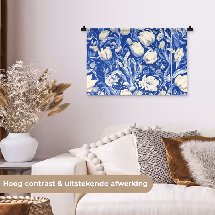 Bloemen - Delfts Blauw - Patroon - Tulp Wandkleed katoen klein -sfeer1