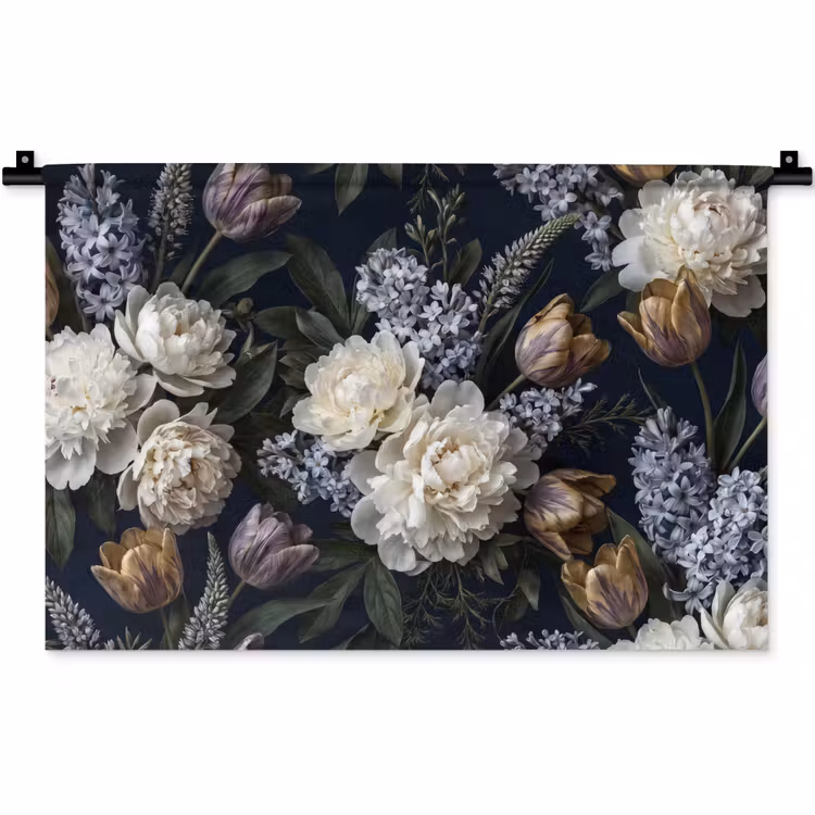 Bloemen - Donker - Elegant - Natuur - Wit Wandkleed katoen klein -zz3d