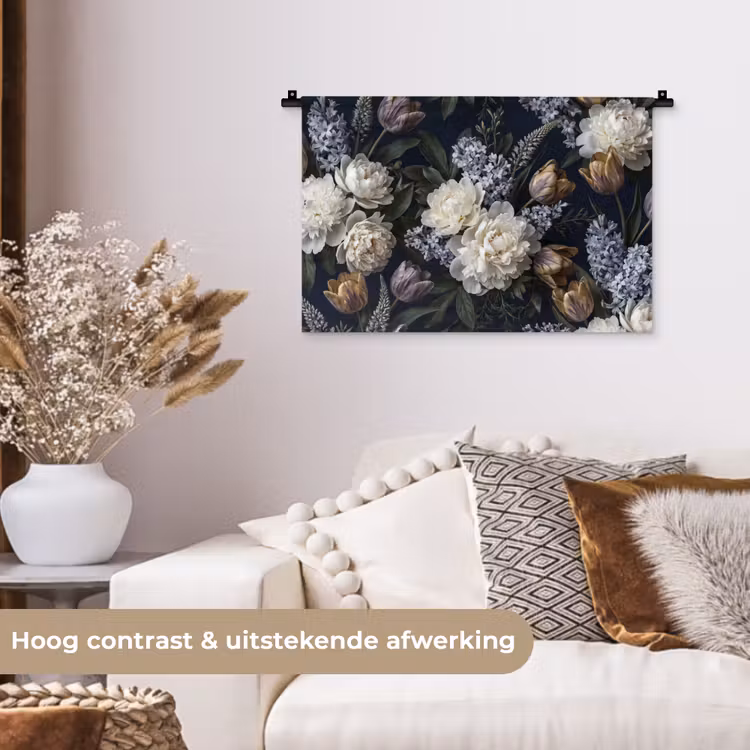 Bloemen - Donker - Elegant - Natuur - Wit Wandkleed katoen klein -sfeer1