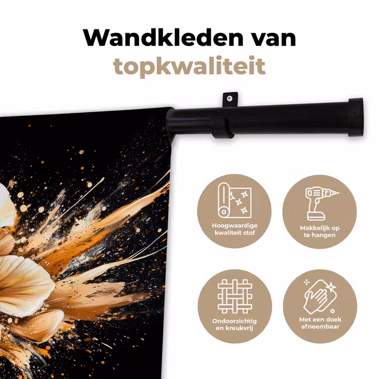 Bloemen - Goud - Graffiti - Zwart - Abstract Wandkleed katoen klein -sfeer2