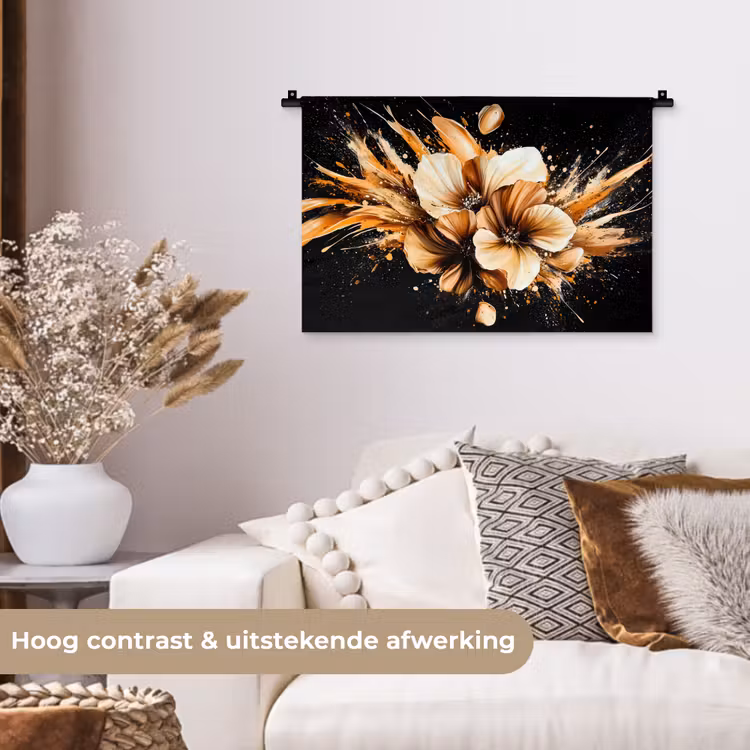 Bloemen - Goud - Graffiti - Zwart - Abstract Wandkleed katoen klein -sfeer1