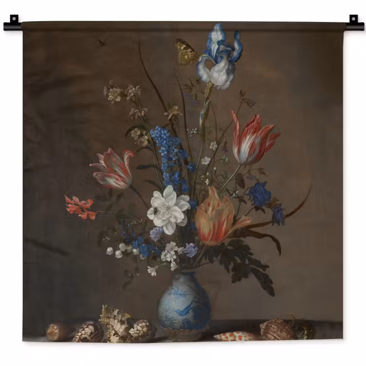 Bloemen in een Wan-Li vaas en schelpen - Schilderij van Balthasar van der Ast Wandkleed katoen klein -zz3d