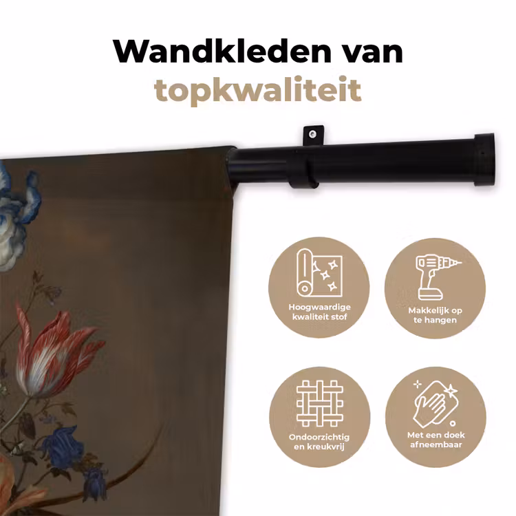Bloemen in een Wan-Li vaas en schelpen - Schilderij van Balthasar van der Ast Wandkleed katoen klein -sfeer2