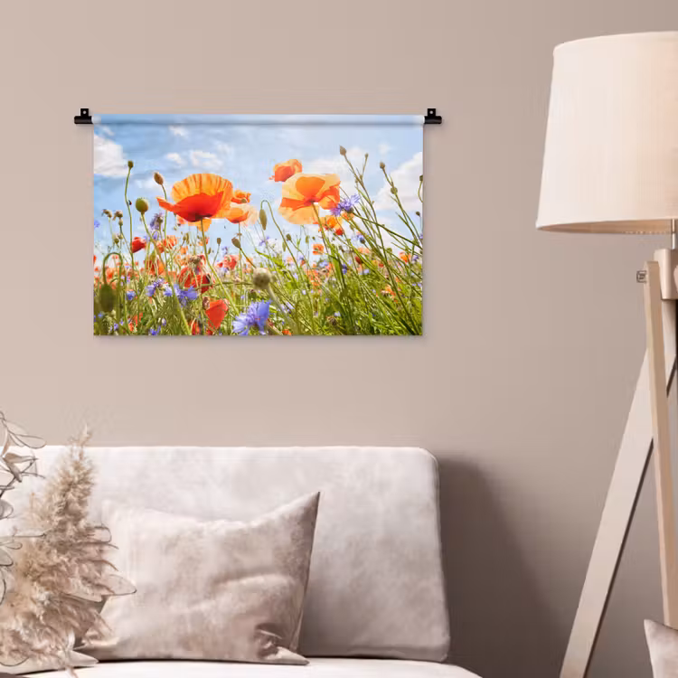 Bloemen - Klaproos - Lente - Natuur - Rood - Blauw Wandkleed katoen klein -sfeer4