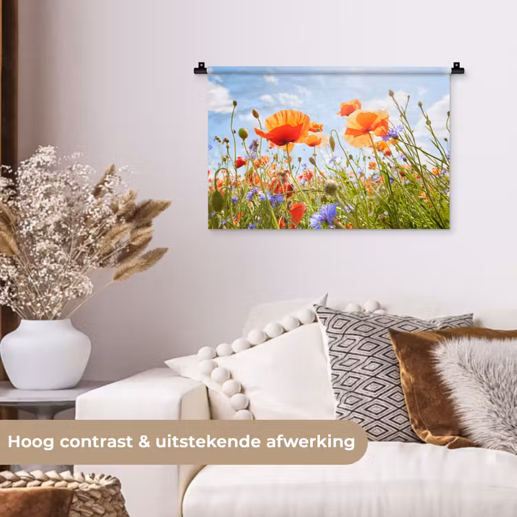 Bloemen - Klaproos - Lente - Natuur - Rood - Blauw Wandkleed katoen klein -sfeer1