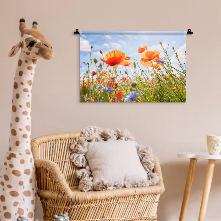 Bloemen - Klaproos - Lente - Natuur - Rood - Blauw Wandkleed katoen klein -wsfeer5_kind