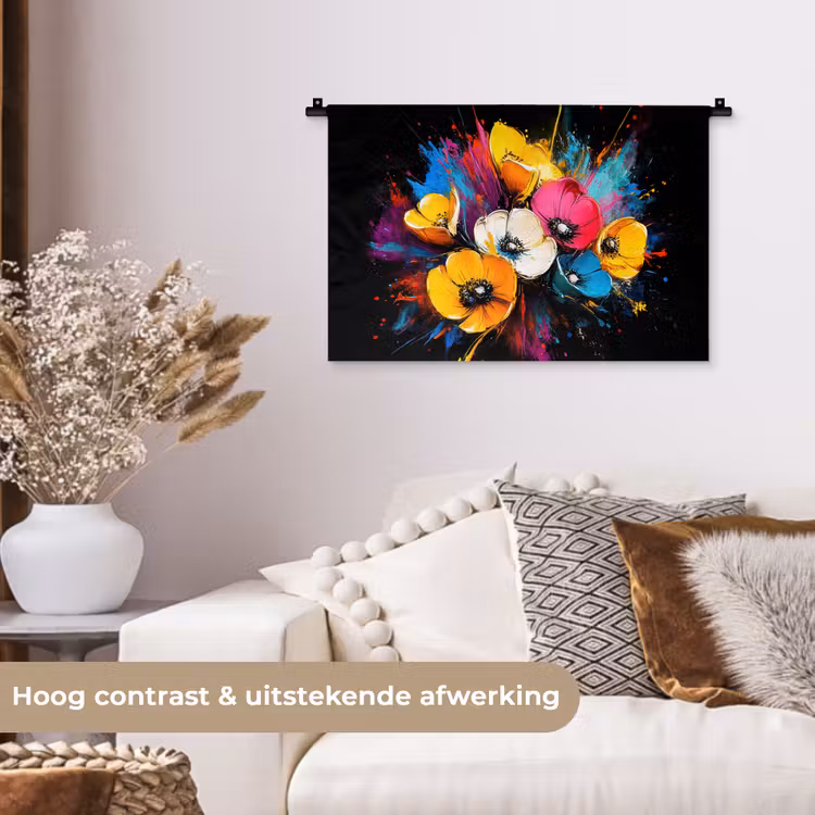 Bloemen - Kleurrijk - Graffiti - Modern - Boeket Wandkleed katoen klein -sfeer1