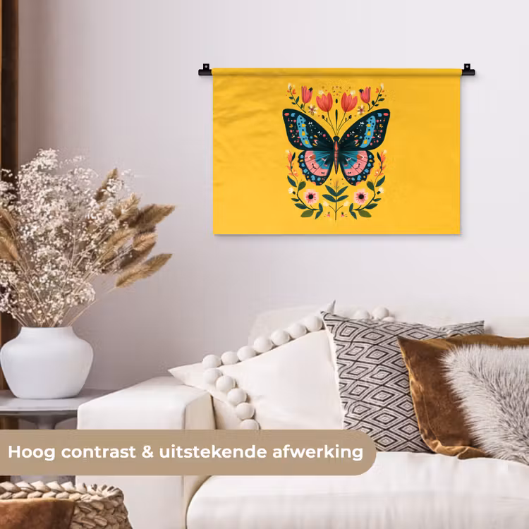 Bloemen - Kleurrijk - Vlinder - Sierlijk Wandkleed katoen klein -sfeer1
