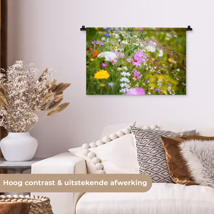 Bloemen - Natuur - Groen - Gras - Paars - Wit Wandkleed katoen klein -sfeer1