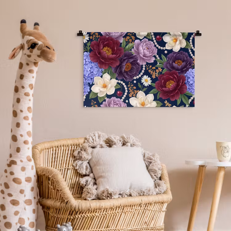 Bloemen - Parels - Decoratie - Modern - Blauw Wandkleed katoen klein -wsfeer5_kind