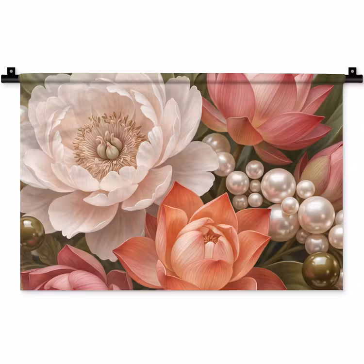 Bloemen - Parels - Elegant - Roze - Wit Wandkleed katoen klein -zz3d
