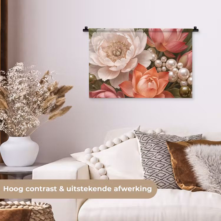 Bloemen - Parels - Elegant - Roze - Wit Wandkleed katoen klein -sfeer1