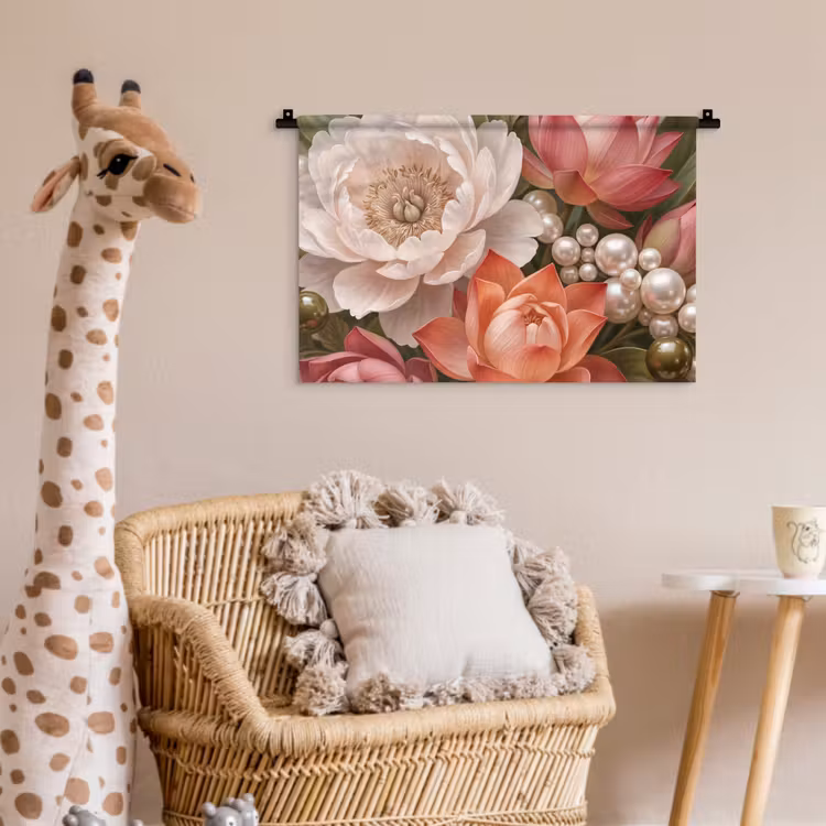 Bloemen - Parels - Elegant - Roze - Wit Wandkleed katoen klein -wsfeer5_kind