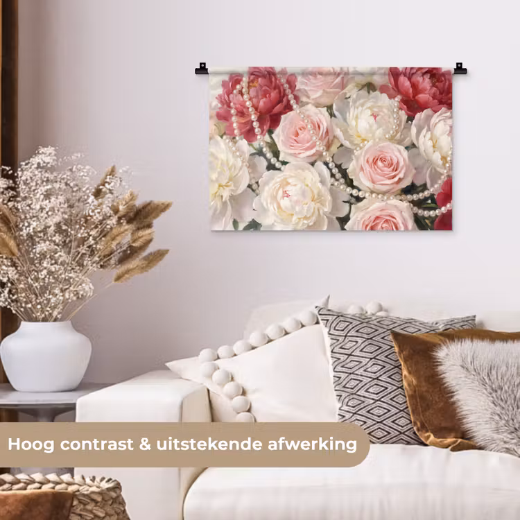 Bloemen - Parels - Romantiek - Klassiek - Roze Wandkleed katoen klein -sfeer1