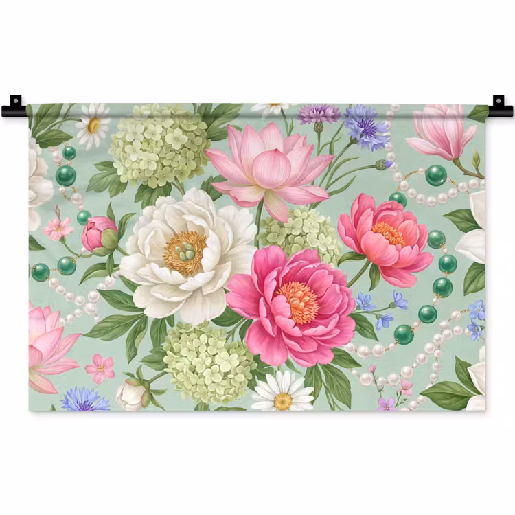 Bloemen - Patroon - Botanisch - Groen Wandkleed katoen klein -zz3d