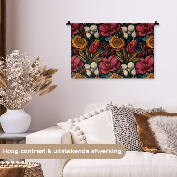 Bloemen - Patroon - Rood - Goud Wandkleed katoen klein 269 -sfeer1