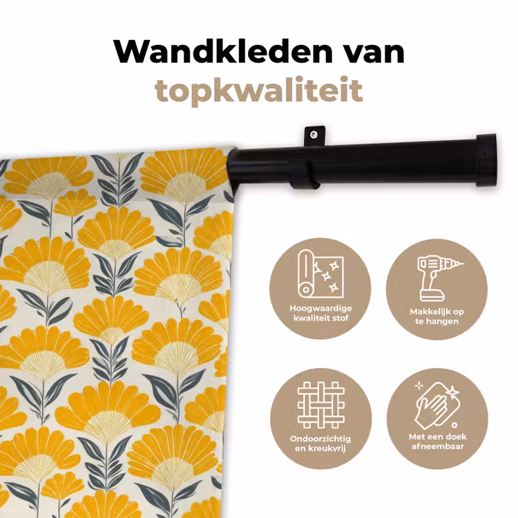 Bloemen - Retro - Botanisch - Okergeel - Grijs Wandkleed katoen klein 269 -sfeer2