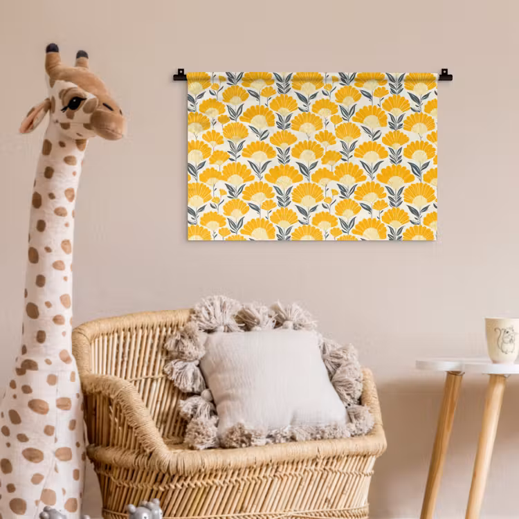 Bloemen - Retro - Botanisch - Okergeel - Grijs Wandkleed katoen klein 269 -wsfeer5_kind