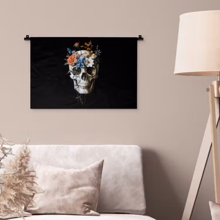 Bloemen - Schedel - Kleurrijk Wandkleed katoen klein -sfeer4
