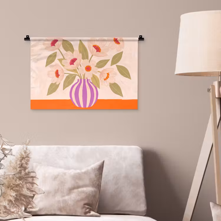 Bloemen - Vaas - Abstract - Paars - Oranje Wandkleed katoen klein -sfeer4