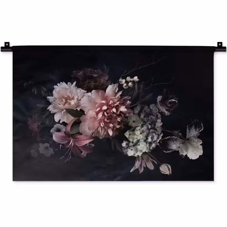 Bloemen - Vintage - Pastel - Zwart - Boeket Wandkleed katoen klein -zz3d