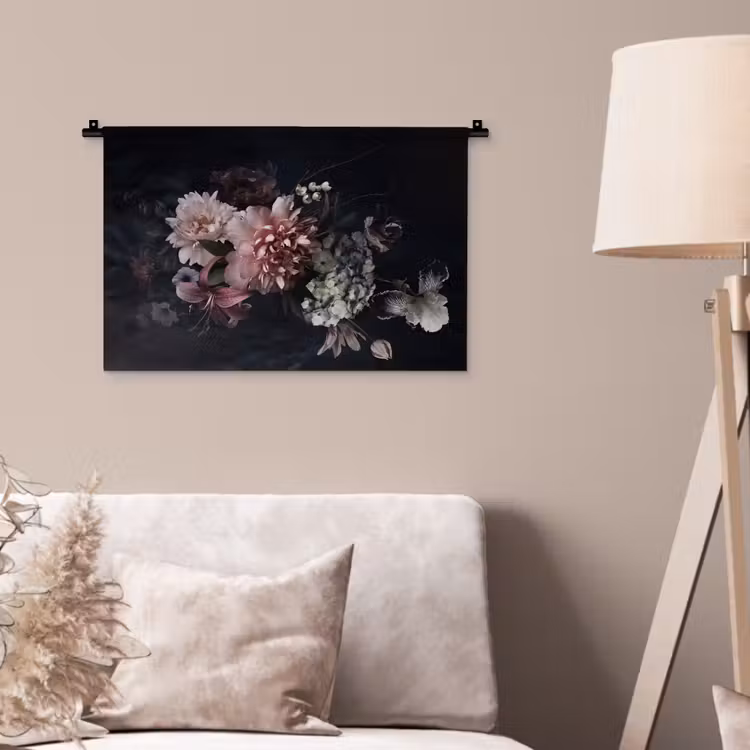 Bloemen - Vintage - Pastel - Zwart - Boeket Wandkleed katoen klein -sfeer4