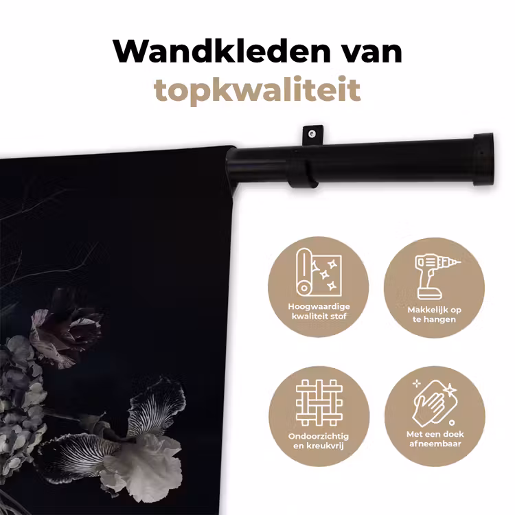 Bloemen - Vintage - Pastel - Zwart - Boeket Wandkleed katoen klein -sfeer2