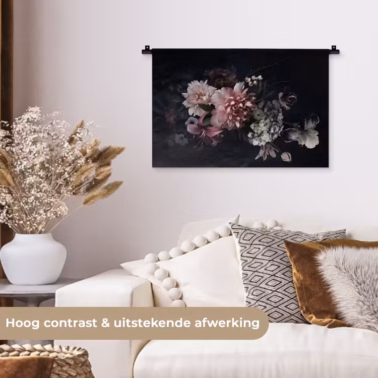 Bloemen - Vintage - Pastel - Zwart - Boeket Wandkleed katoen klein -sfeer1