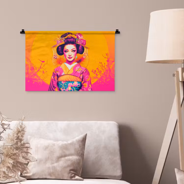 Bloemen - Vrouw - Kimono - Roze Wandkleed katoen klein -sfeer4