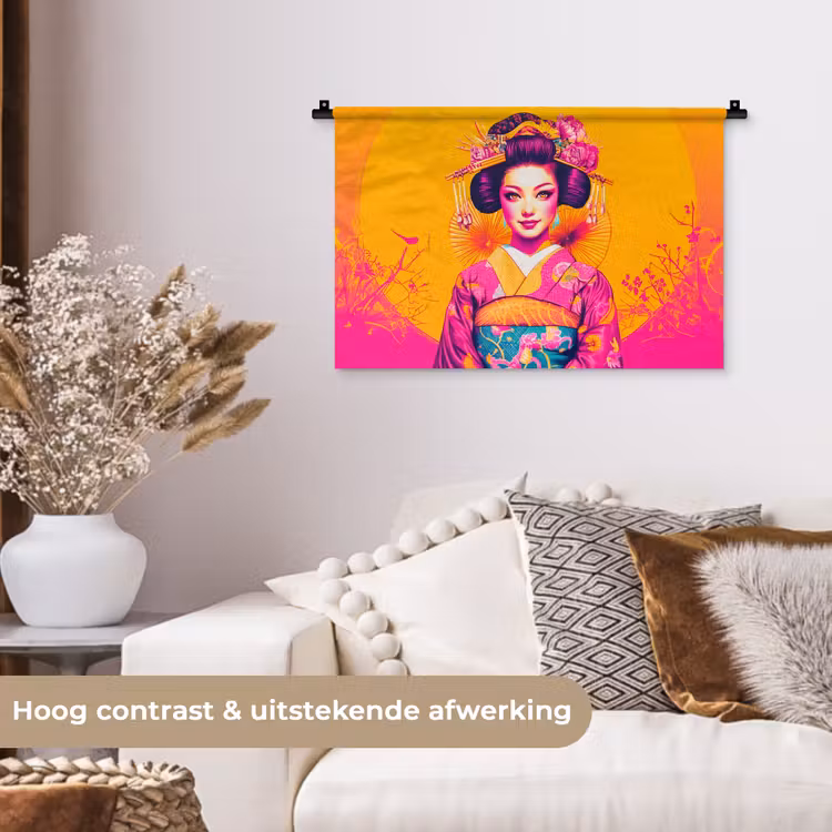 Bloemen - Vrouw - Kimono - Roze Wandkleed katoen klein -sfeer1