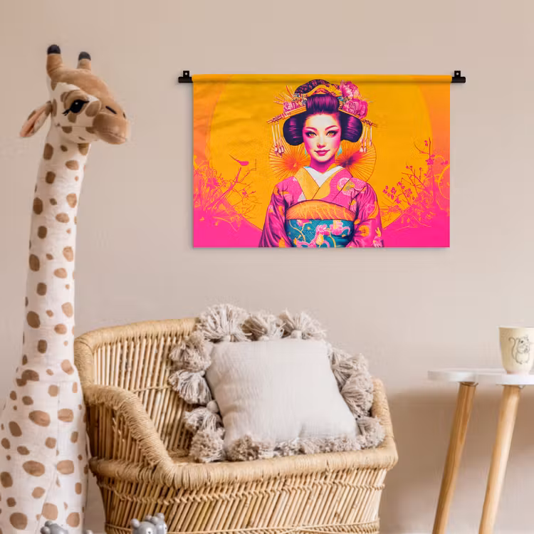 Bloemen - Vrouw - Kimono - Roze Wandkleed katoen klein -wsfeer5_kind