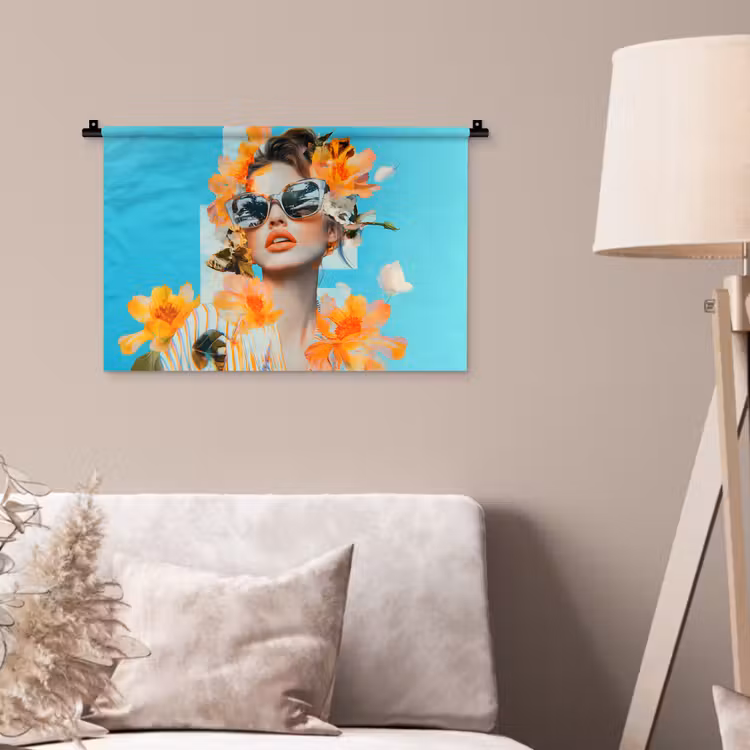 Bloemen - Vrouw - Zonnebril - Blauw Wandkleed katoen klein -sfeer4