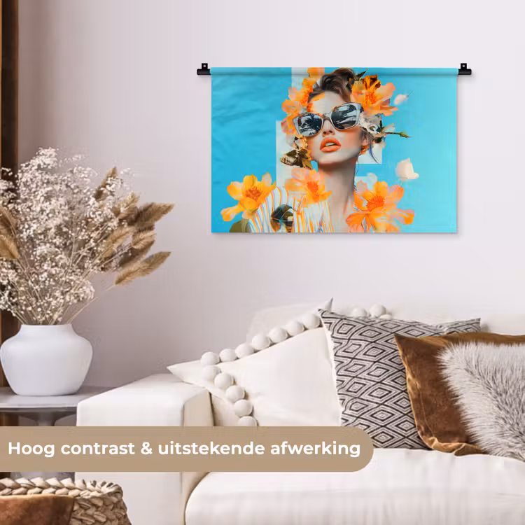 Bloemen - Vrouw - Zonnebril - Blauw Wandkleed katoen klein -sfeer1