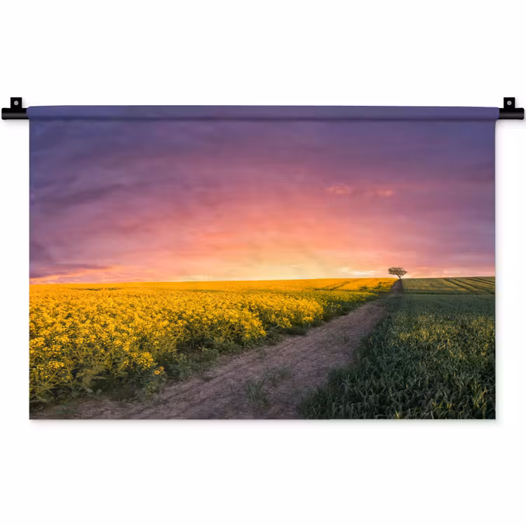 Bloemen - Weg - Lucht - Geel - Paars - Zonsondergang - Natuur Wandkleed katoen klein -zz3d