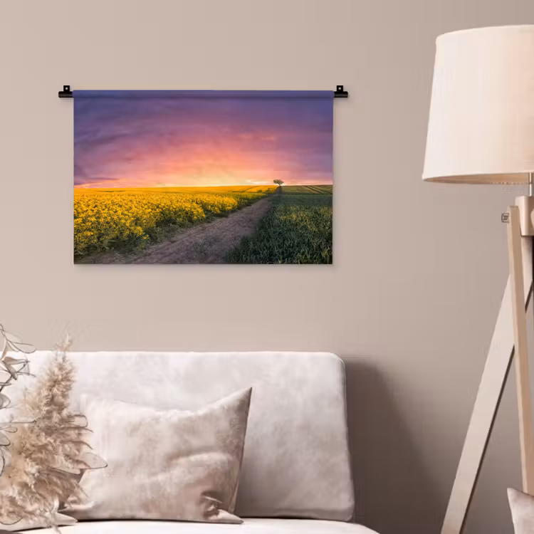 Bloemen - Weg - Lucht - Geel - Paars - Zonsondergang - Natuur Wandkleed katoen klein -sfeer4