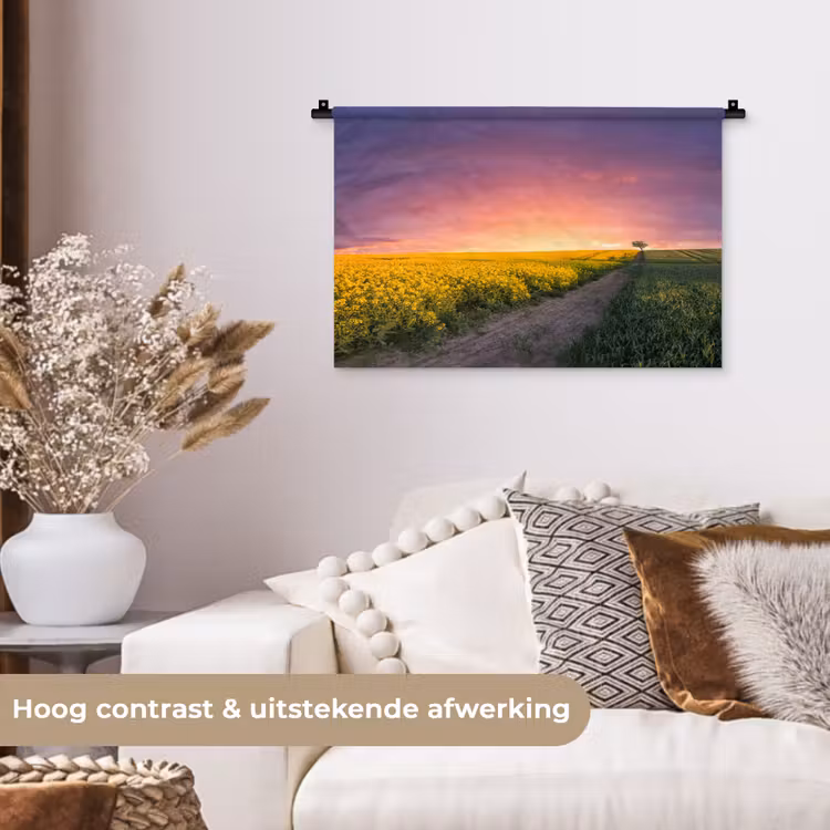 Bloemen - Weg - Lucht - Geel - Paars - Zonsondergang - Natuur Wandkleed katoen klein -sfeer1