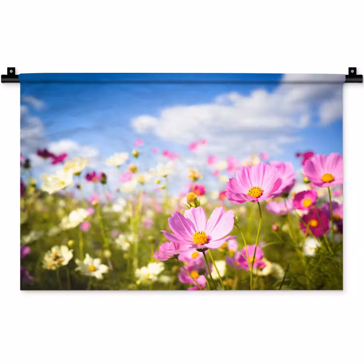 Bloemen - Wei - Paars - Gras - Wit - Wolken - Blauw Wandkleed katoen klein -zz3d