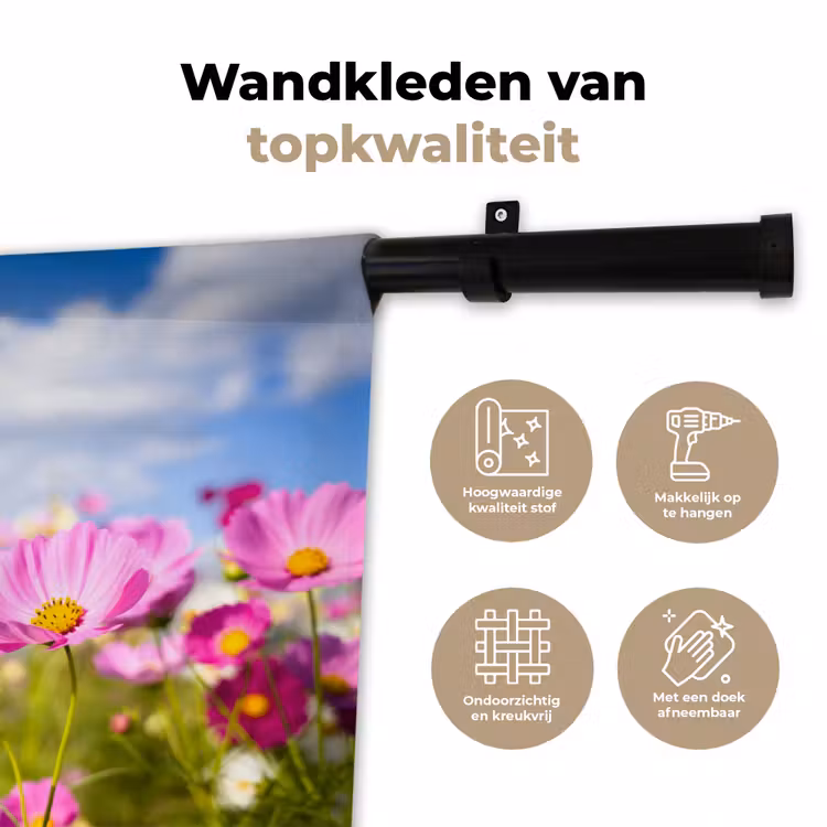Bloemen - Wei - Paars - Gras - Wit - Wolken - Blauw Wandkleed katoen klein -sfeer2