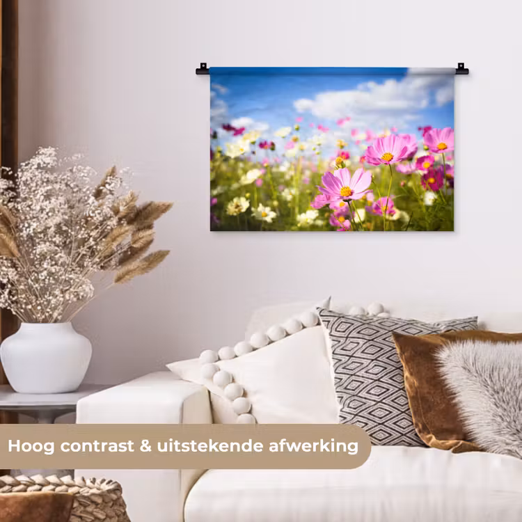 Bloemen - Wei - Paars - Gras - Wit - Wolken - Blauw Wandkleed katoen klein -sfeer1