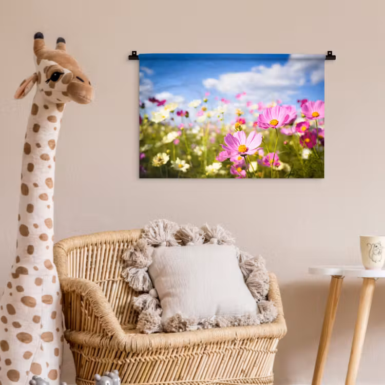 Bloemen - Wei - Paars - Gras - Wit - Wolken - Blauw Wandkleed katoen klein -wsfeer5_kind