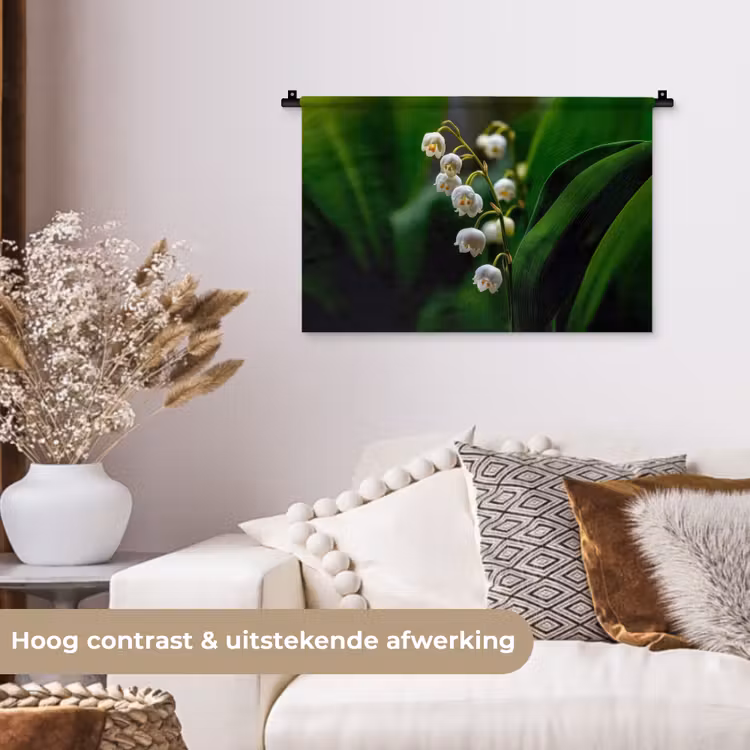 Bloemen - Wit - Bladeren - Lelietjes Wandkleed katoen klein -sfeer1