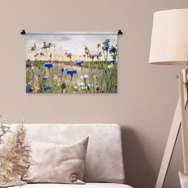 Bloemen - Zomer - Korenbloem - Blauw - Zon - Wolken Wandkleed katoen klein -sfeer4
