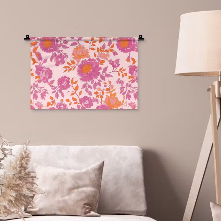 Bloemenpatroon - Roze - Oranje - Bloemen Wandkleed katoen klein -sfeer4