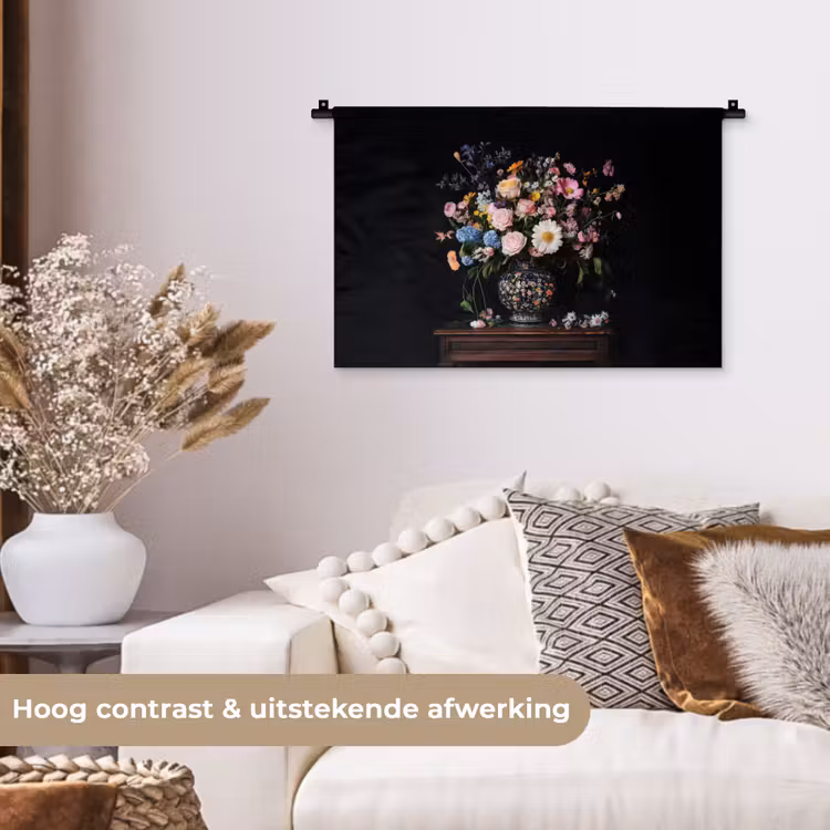 Bloemenvaas - Hout - Bloemen - Boeket Wandkleed katoen klein -sfeer1