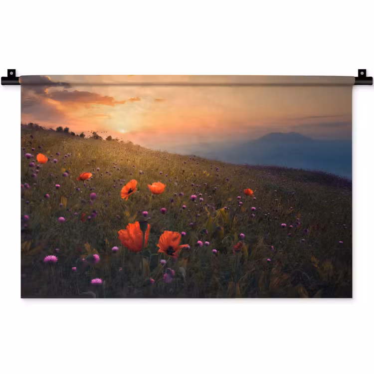 Bloemenveld - Gras - Bloemen - Planten - Zonsondergang - Oranje Wandkleed katoen klein -zz3d
