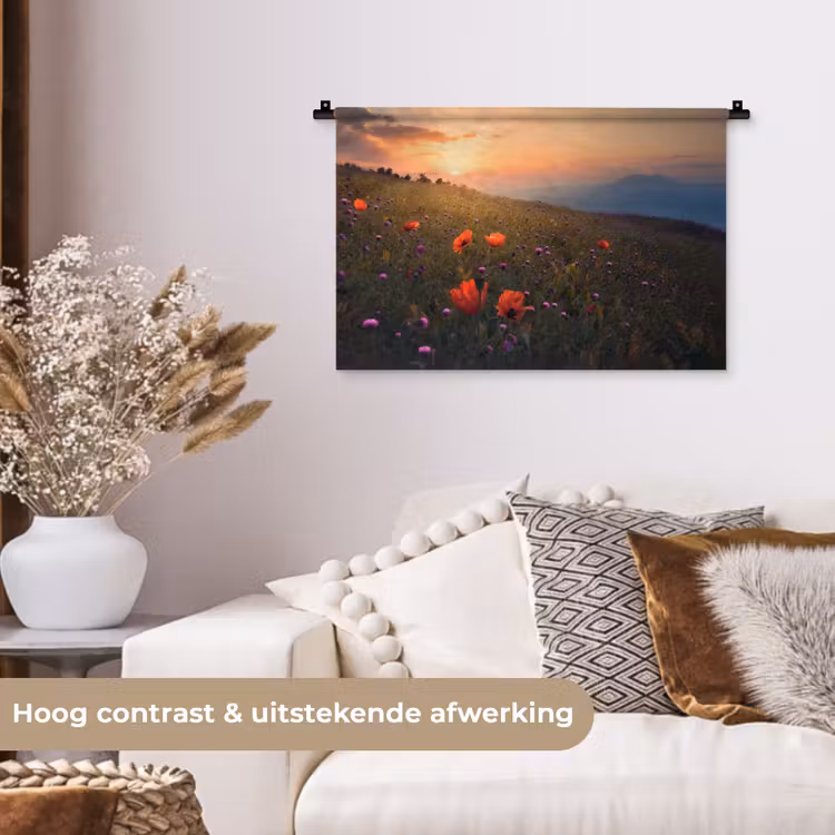 Bloemenveld - Gras - Bloemen - Planten - Zonsondergang - Oranje Wandkleed katoen klein -sfeer1