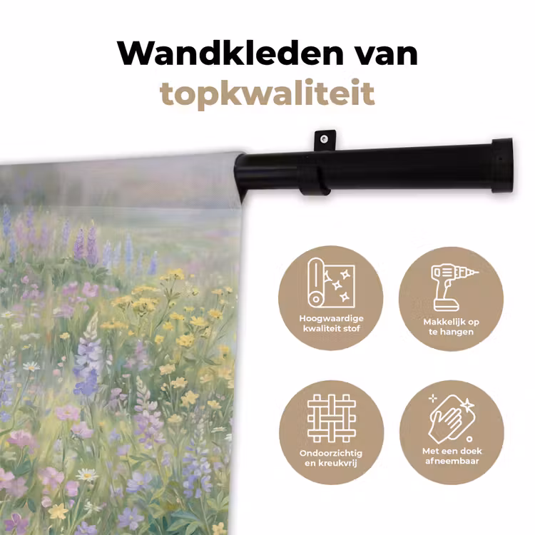 Bloemenveld - Heuvels - Kleurrijk Wandkleed katoen klein -sfeer2