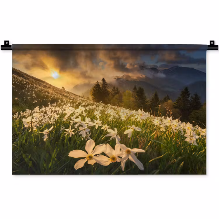Bloemenveld - Heuvels - Zonsondergang - Berg - Natuur - Wit - Heuvels Wandkleed katoen klein -zz3d