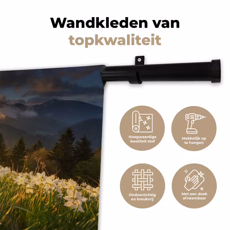 Bloemenveld - Heuvels - Zonsondergang - Berg - Natuur - Wit - Heuvels Wandkleed katoen klein -sfeer2