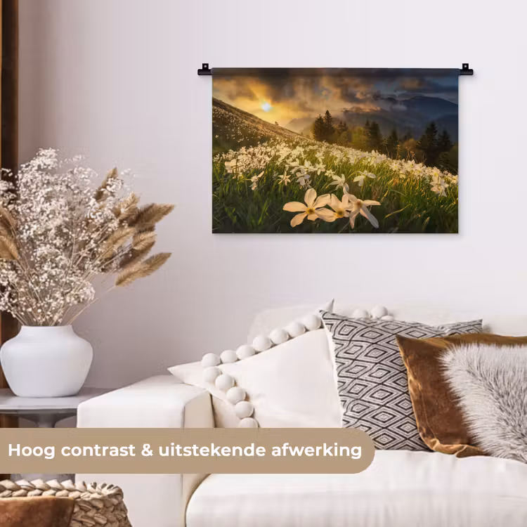 Bloemenveld - Heuvels - Zonsondergang - Berg - Natuur - Wit - Heuvels Wandkleed katoen klein -sfeer1
